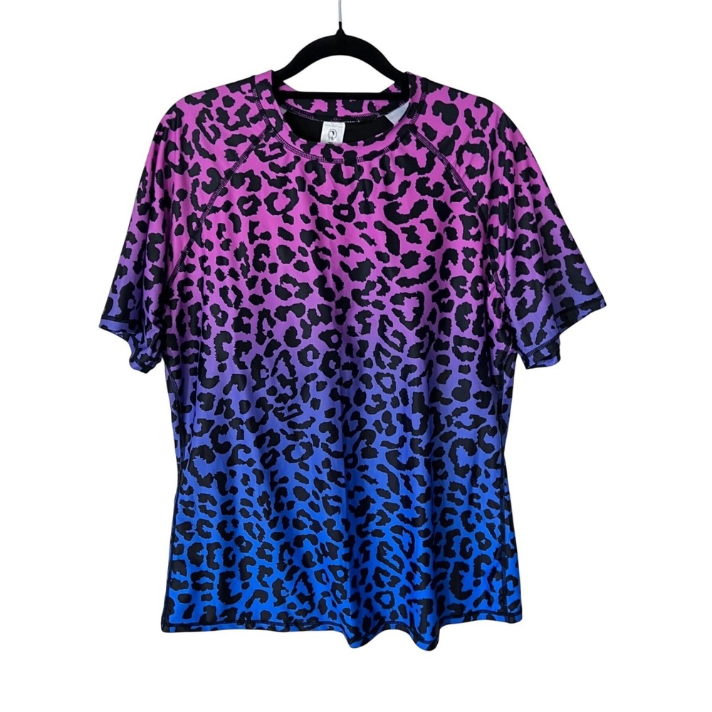 HALCURT Cheetah Ombre‎ Rashguard Swim Top XL built in bra pink Purple Blue